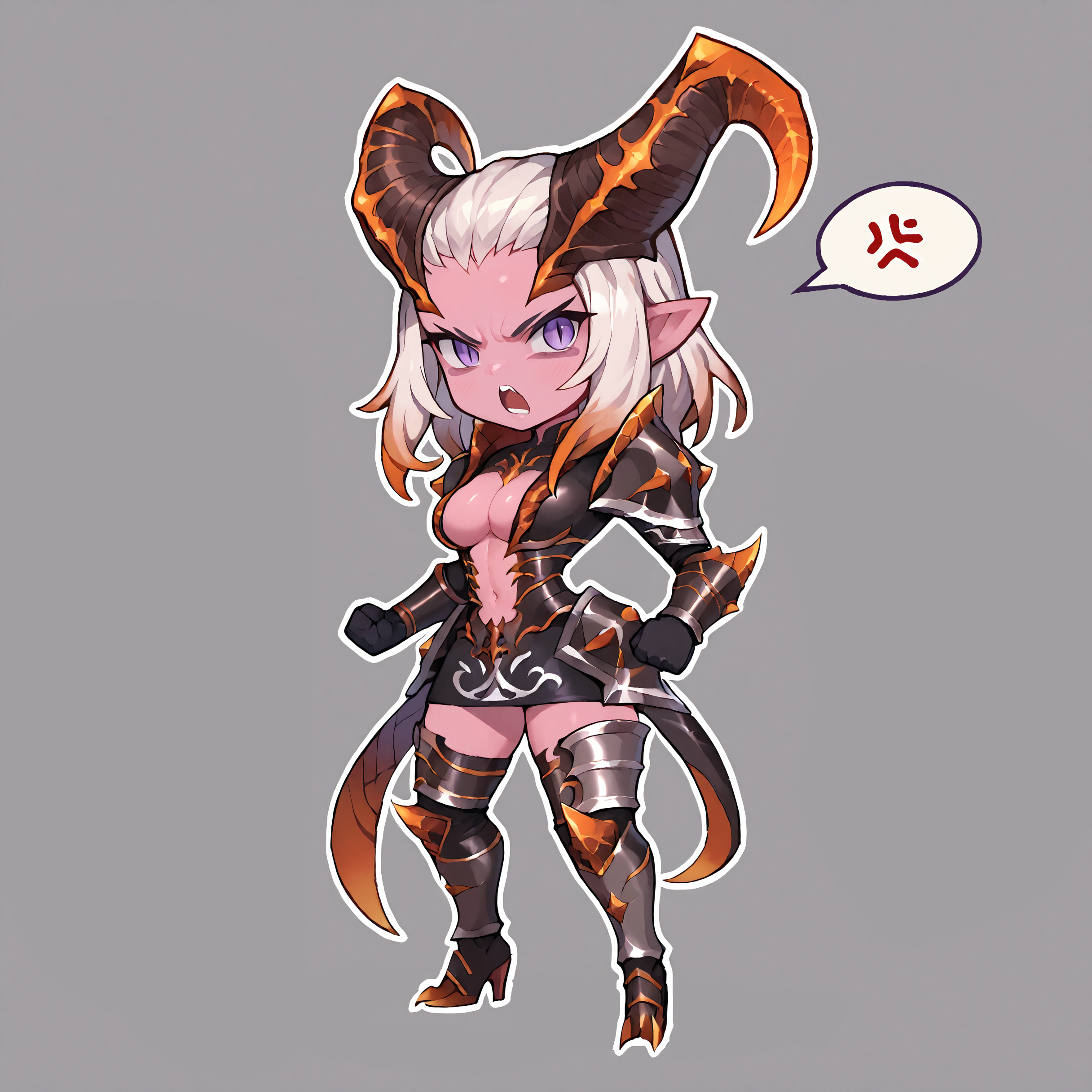 score_9,score_8_up,score_7_up, female, solo, MorrahKR, red horns, curled horns, pink skin, purple eyes, slit pupils, hair slicked back, medium hair, white hair, breasts, demon wings, black skirt, armor, silver trim, cleavage, plunging neckline, navel, armored boots, thigh boots, high collar, shoulder armor, overskirt, black gloves, vambraces, black sleeves, clenched hand, full body, wide shot, (chibi, big head:1.4), standing, shouting, open mouth, angry, shaded face, simple background, outline, anger vein, speech bubble, from side, looking at viewer, <lora:morrahkr-ponyxl-beta2-08:1>,