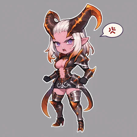 score_9,score_8_up,score_7_up, female, solo, MorrahKR, red horns, curled horns, pink skin, purple eyes, slit pupils, hair slicked back, medium hair, white hair, breasts, demon wings, black skirt, armor, silver trim, cleavage, plunging neckline, navel, armored boots, thigh boots, high collar, shoulder armor, overskirt, black gloves, vambraces, black sleeves, clenched hand, full body, wide shot, (chibi, big head:1.4), standing, shouting, open mouth, angry, shaded face, simple background, outline, anger vein, speech bubble, from side, looking at viewer, <lora:morrahkr-ponyxl-beta2-08:1>,