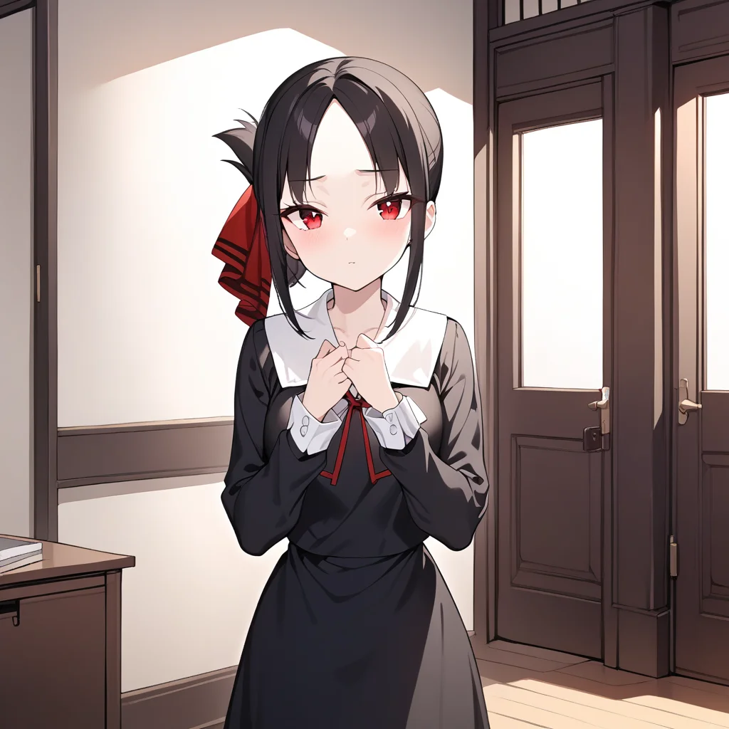masterpiece, best quality, 1girl, kaguya, <lora:kaguyaSDXL:0.8>, school uniform, black dress, black skirt, red ribbon, long sleeve, looking at viewer, standing, parted bangs, cowboy shot