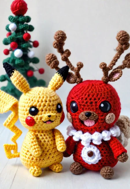 Crocheted Pikachu and rudolph the red-nosed reindeer