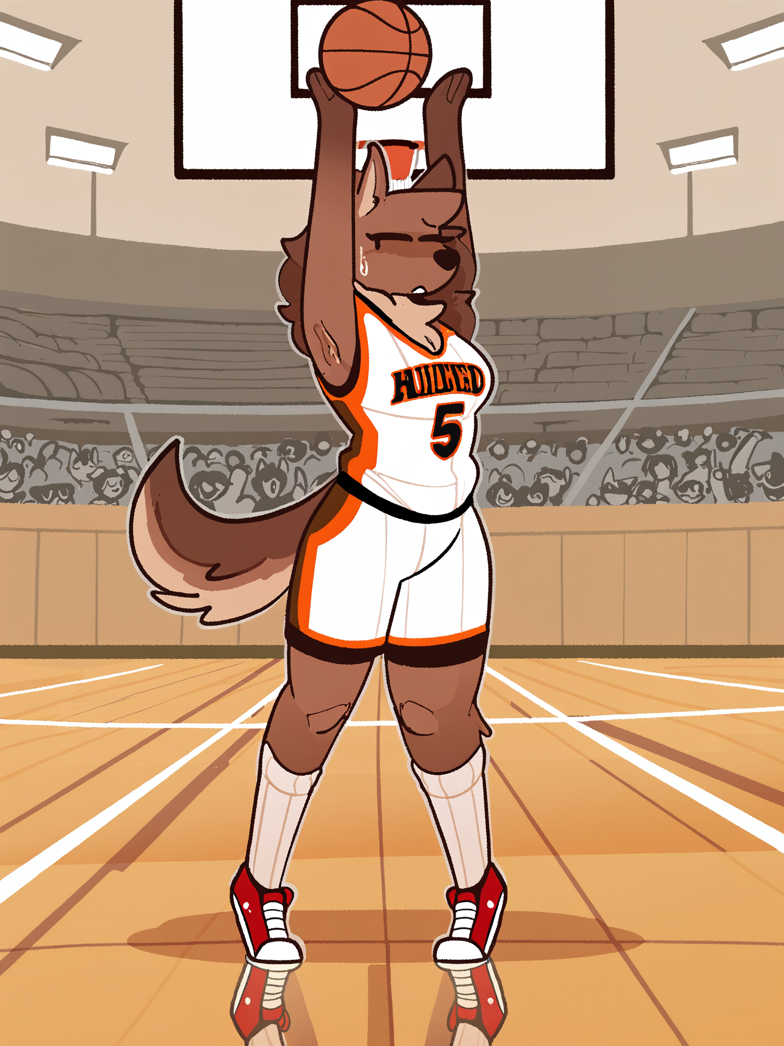 (masterpiece, best quality, very aesthetic, absurdres, artist:xenopavilia, aliasing) (indoors), 1girl, solo, basketball uniform, basketball court, reflective floor, crowd, number on jersey, gym shorts, sneakers, socks, jumping, throwing ball, sweatdrop, canine, dog, anthro, fluffy fur, brown fur   <lora:Xenopavilia_Style_Ill:1>