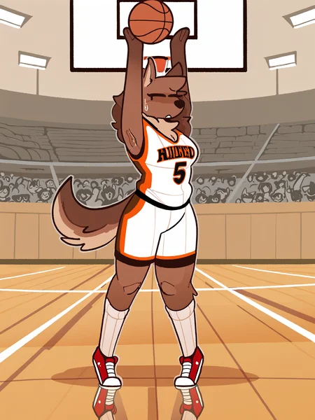 (masterpiece, best quality, very aesthetic, absurdres, artist:xenopavilia, aliasing) (indoors), 1girl, solo, basketball uniform, basketball court, reflective floor, crowd, number on jersey, gym shorts, sneakers, socks, jumping, throwing ball, sweatdrop, canine, dog, anthro, fluffy fur, brown fur <lora:Xenopavilia_Style_Ill:1>