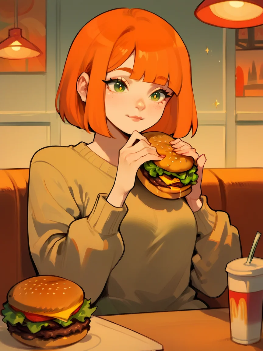 score_9, score_8_up, score_7_up, score_6_up, score_5_up, <lora:momjapmcdXLP:1> momjapmcd, 1girl, short hair, orange hair, green eyes, sweater, burger,