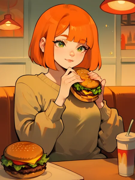 score_9, score_8_up, score_7_up, score_6_up, score_5_up, <lora:momjapmcdXLP:1> momjapmcd, 1girl, short hair, orange hair, green eyes, sweater, burger,