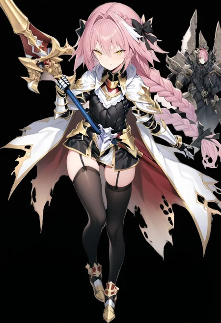 masterpiece, best quality, ultra-detailed, beautiful, nai3, 1girl, solo, full_body, tachi-e,
astolfo \(fate\), 1boy, armor, black thighhighs, braid, cape, full body, garter straps, gauntlets, hair between eyes, hair ribbon, holding, holding polearm, holding weapon, lance, long hair, male focus, otoko no ko, pink hair, polearm, ribbon, riding, single braid, solo, thighhighs, torn cape, torn clothes, weapon, yellow eyes