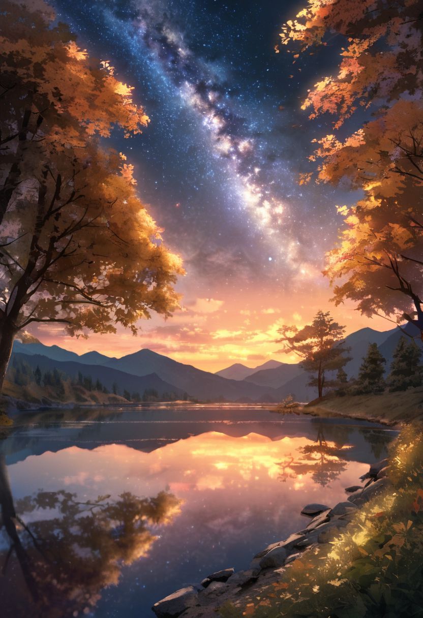 Create a breathtaking landscape that evokes awe and wonder. Picture a serene, pristine lake nestled among towering snow-capped mountains. The mountains should reflect perfectly in the crystal-clear water, with their peaks bathed in the golden hues of a setting sun. Surround the lake with a lush forest of evergreen trees, their rich green contrasting beautifully with the vibrant autumn foliage of nearby deciduous trees in shades of red, orange, and yellow. Add a meandering path along the lake’s edge, inviting viewers to imagine a peaceful walk. Include a clear, starry sky emerging as the sun sets, with a hint of the Milky Way visible. Enhance the scene with soft, glowing light to create a magical, almost otherworldly atmosphere.