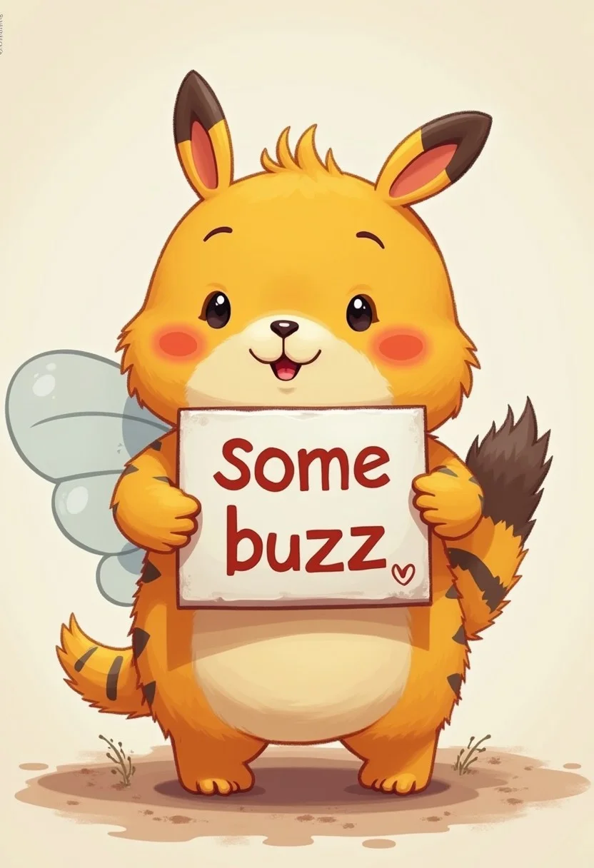 cute animal holding a sign " some buzz ", anime style
