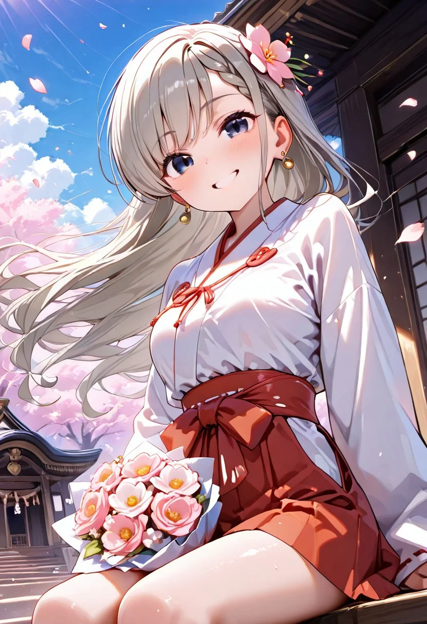 score_9, score_8_up, score_7_up, intricate detail, (masterpiece:1.2), (best quality:1.2), (very aesthetic:1.2), detailed background, ultra detailed, beautiful detailed, best quality, 4K, finely detailed, 
BREAK 
(dynamic angle, seductive pose), sitting, looking up
BREAK
(spring, cherry blossom, sunlight, outside, floating petals on wind, wind, floating hair:1.2, blue sky), park, temple,
BREAK 
((shrine maiden clothes, miko)), (flower hair ornament), (bouquet) 
BREAK 
happy smile, cute smile, seductive smile, naughty face, grin
BREAK 
1 girl, (((hisakawa hayate:1.2))), middle breasts, (cute face), (cute girl), ((pretty girl)), Perfect Face, (round face), ((good figure)), ((petite:1.4)), ((young:1.2)). (realistic skin), (highly detailed skin), white skin, 
BREAK 
((slit pupils)), (catchlight eyes), ringed eyes, big eyes, cool eyes, intricate details, ultra-detailed face, detailed eyes, [pastel color inner hair], 
BREAK 
Expressive eyes, (gradient eyes), 
BREAK 
looking at viewer, shiny skin, earrings