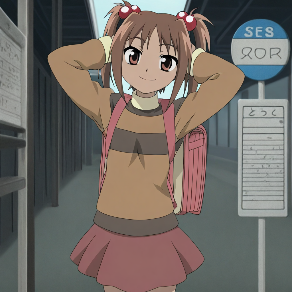 masterpiece, best quality, shiori_mnh, brown hair, twintails, hair bobbles, long sleeves, skirt,, backpack, hands behind head, smile, looking at viewer, bus stop