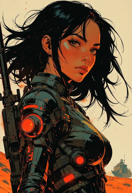 in the style of ck-mgs, nistyle, Inkplash art on rice paper, sepia, henna, Silhouette Art, magnificent, inksplash closeup portrait of a female bounty hunter, flowing black hair, reflective black and neon red armor, futuristic armor, a rifle strapped to her back, holding a pistol, abstract background suggesting a landed spaceship on a desert world,