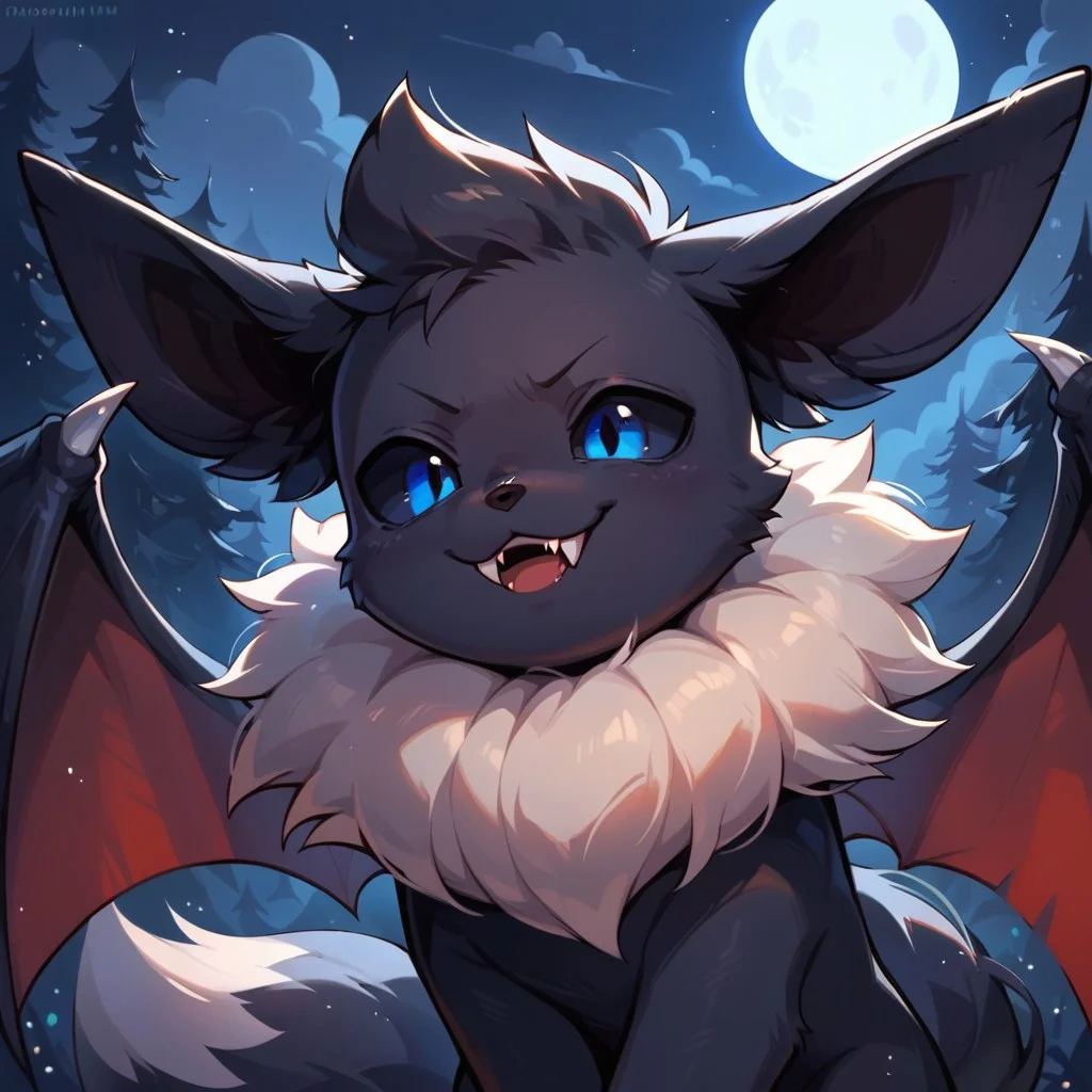 score_9, score_8_up, score_7_up, best quality, score_6_up, source_furry, night, spooky forest, solo, solo focus, 1guy(eevee, black fur, blue eyes, black sclera, male feral eevee, dracula outfit, correct eevee paws, correct eevee maw, fangs, fluffy tail, vampire wings)