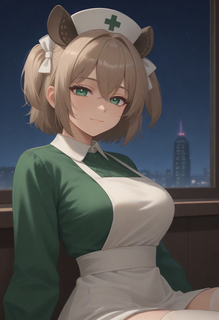 1girl, solo, solo focus, highres, absurdres, NimiNightmare, nurse cap, green eyes, bangs, animal ears, brown hair, hair between eyes, short hair, one side up,
large breasts, white apron, green dress, long sleeves, collared dress, puffy sleeves, white thighhighs,
looking at viewer, closed mouth, smug, head tilt, from side, 
cityscape, neon lights, window, dark, night, night sky, light particles, backlighting,