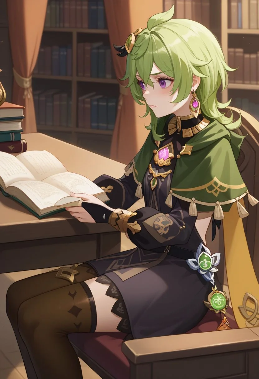 score_9, score_8_up, score_7_up, source_anime, 1girl, colleidef, green hair, medium hair, purple eyes, hair ornament, hair between eyes, ahoge, earrings, single earring, jewelry, green capelet, black dress, detached sleeves, puffy long sleeves, backless dress, bridal gauntlets, crossed bangs, brown thighhighs, asymmetrical legwear, thighlet, vision \(genshin impact\), sitting, on chair, table, books, reading, looking at object, frown, blush, indoors, library, <lora:Collei_v1-000010:1>