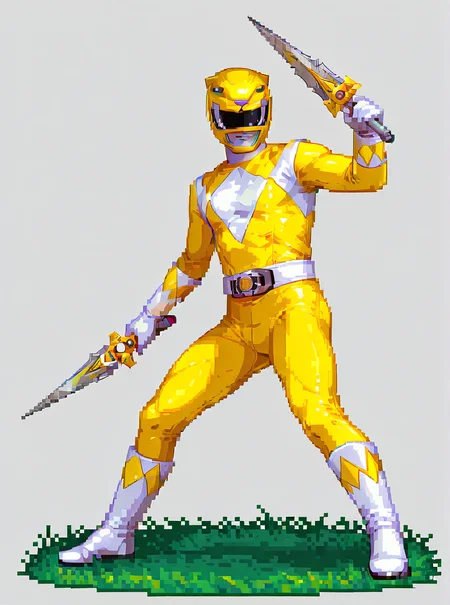 pixel art, yellow bodysuit, white gloves, yellow power ranger, yellow ranger helmet, 1boy, solo, tokusatsu, mighty morphin power rangers, full body, holding the daggers of power, dynamic pose, simple background, grass
<lora:Yellow_Ranger:0.8> <lora:pixelbuildings128-v2:0.8>