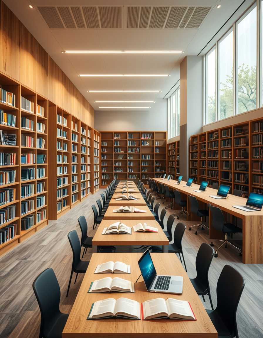 A high-resolution, ultra-realistic photograph of a modern college library interior. The scene showcases a spacious, open-plan design with large floor-to-ceiling windows allowing natural daylight to flood the space. The architectural style is contemporary, featuring minimalist furniture with clean lines: sleek wooden tables, ergonomic chairs in neutral tones (gray and beige), and built-in bookshelves made of light oak wood.
In the foreground, a group of diverse students (varied ethnicities and genders) are quietly studying, some using laptops, others reading books, with focused, calm expressions. One student is sipping coffee from a reusable cup.
The background displays rows of neatly organized books, indoor plants adding a touch of greenery, and modern pendant lights hanging from the ceiling, providing warm, ambient lighting. The floor is covered with soft gray carpet, and large abstract paintings decorate the walls, contributing to a cozy and intellectual atmosphere.
The overall mood is peaceful, studious, and inspiring, with balanced natural and artificial lighting, crisp details, and realistic textures, captured as if by a professional architectural photographer using a full-frame camera.
 <lora:SDXLFaeTastic2400:0.4> <lora:extremely_detailed:0.4> extremely detailed,<lora:modern_c0ll3g3_l1br4ry:1>,modern c0ll3g3 l1br4ry, Masterpiece,best quality,hi res,8k,hi res,8k,award winning,(sharp focus, intricate, highly detailed),