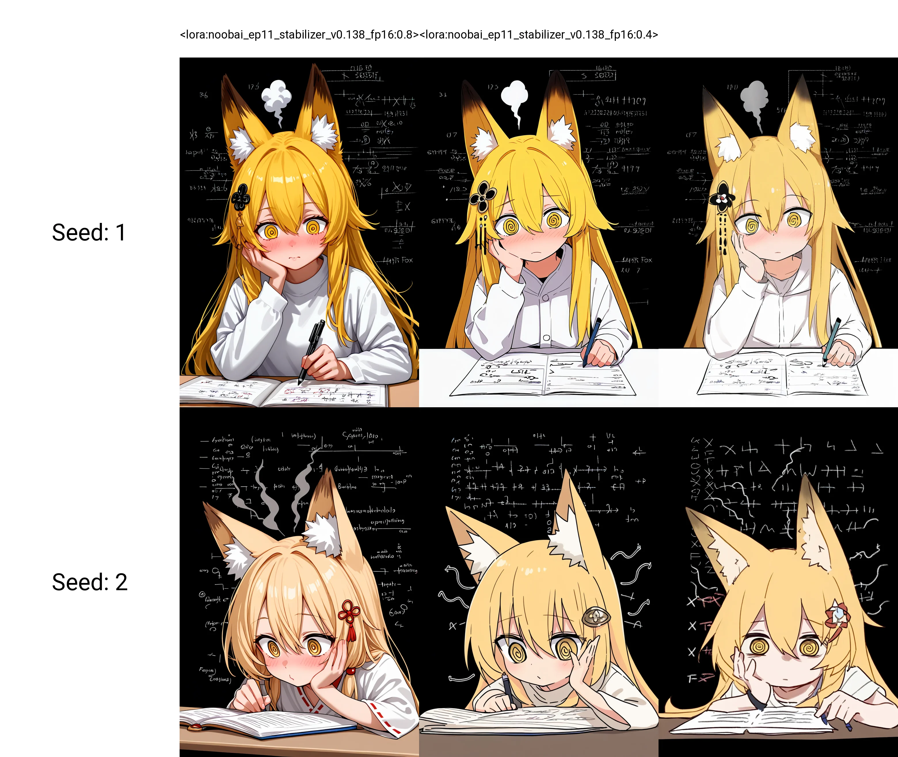 <lora:noobai_ep11_stabilizer_v0.138_fp16:0.8>1girl,fox girl,fox ears,yellow eyes,blonde hair,long hair,hair between eyes,hair ornament,head steam,@_@,doing homework,hand on own cheek,math equations on background,black background,masterpiece,