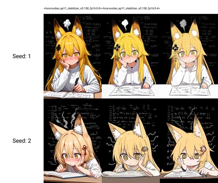 <lora:noobai_ep11_stabilizer_v0.138_fp16:0.8>1girl,fox girl,fox ears,yellow eyes,blonde hair,long hair,hair between eyes,hair ornament,head steam,@_@,doing homework,hand on own cheek,math equations on background,black background,masterpiece,