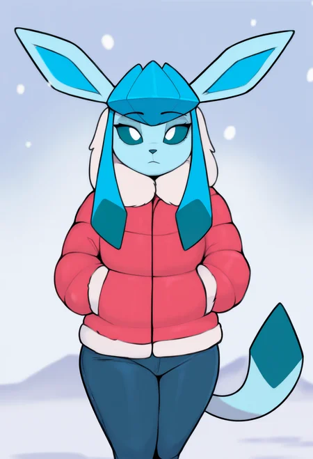 1girl, solo, furry female, glaceon, fur coat, snow, simple background, hands in pockets, 
masterpiece, best quality, <lora:usnarbit-guy90-Illust-Lycorisv1:1> tibnsu