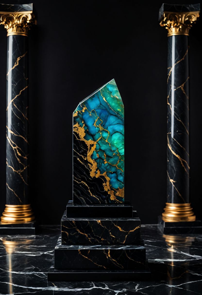 Fujifilm XT3, Sony A7 IV, (award winning photography) a (black: 0.89) marble hand made of opal (Kintsugi: 0.89) set on a pedestal in temple, glistening. in the background beautiful pillars, divine (iridescent: 0.79), opalescent textures, volumetric light, ethereal, sparkling, studio photo, highly detailed, sharp focus (highest quality: 1.39) (highest coherency: 1.39) (award winning photography), highly detailed photography, (muted colors, cinematic, dim colors, soothing tones:1.2), vibrant, insanely detailed, hyperdetailed, (dark shot:1.2), (vsco:0.3), (intricate details:0.9), (hdr, hyperdetailed:1.2) (vignette), sss, raw photo, fijifilm, kodak, cinematic film grain