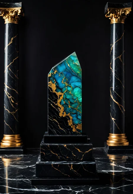 Fujifilm XT3, Sony A7 IV, (award winning photography) a (black: 0.89) marble hand made of opal (Kintsugi: 0.89) set on a pedestal in temple, glistening. in the background beautiful pillars, divine (iridescent: 0.79), opalescent textures, volumetric light, ethereal, sparkling, studio photo, highly detailed, sharp focus (highest quality: 1.39) (highest coherency: 1.39) (award winning photography), highly detailed photography, (muted colors, cinematic, dim colors, soothing tones:1.2), vibrant, insanely detailed, hyperdetailed, (dark shot:1.2), (vsco:0.3), (intricate details:0.9), (hdr, hyperdetailed:1.2) (vignette), sss, raw photo, fijifilm, kodak, cinematic film grain