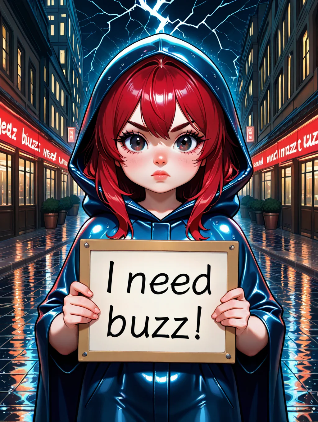 1 girl, tiny girl, anime style, chibi, kawaii, caricature, front view, looking at viewer, cowboy shot, red hair, loose hair, dark eyes, serious, outdoor, city, street, blue waterproof cape, hood on, raining, dark sky, masterpiece,best quality,amazing quality,very aesthetic,absurdres,newest, beautiful nose, beautiful lips, beautyful eyes, beautiful eyelash, beautiful eyebrows, glossy lips, perfect body, beautiful light effects, ultra detailed, balanced colors, volumetric lighting, closed mouth <lora:NeedBuzz_sign_Illustrious:0.9>, need buzz, holding_sign, <lora:DetailerIL:0.4> JeddtlIL, soft hands, beautiful hands, lightning in background, wet, wet floor,