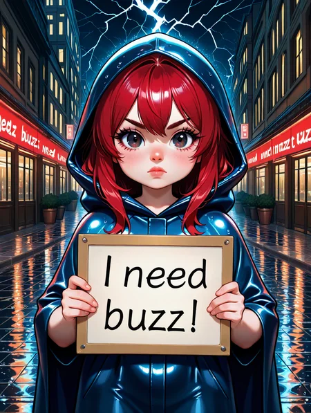 1 girl, tiny girl, anime style, chibi, kawaii, caricature, front view, looking at viewer, cowboy shot, red hair, loose hair, dark eyes, serious, outdoor, city, street, blue waterproof cape, hood on, raining, dark sky, masterpiece,best quality,amazing quality,very aesthetic,absurdres,newest, beautiful nose, beautiful lips, beautyful eyes, beautiful eyelash, beautiful eyebrows, glossy lips, perfect body, beautiful light effects, ultra detailed, balanced colors, volumetric lighting, closed mouth <lora:NeedBuzz_sign_Illustrious:0.9>, need buzz, holding_sign, <lora:DetailerIL:0.4> JeddtlIL, soft hands, beautiful hands, lightning in background, wet, wet floor,