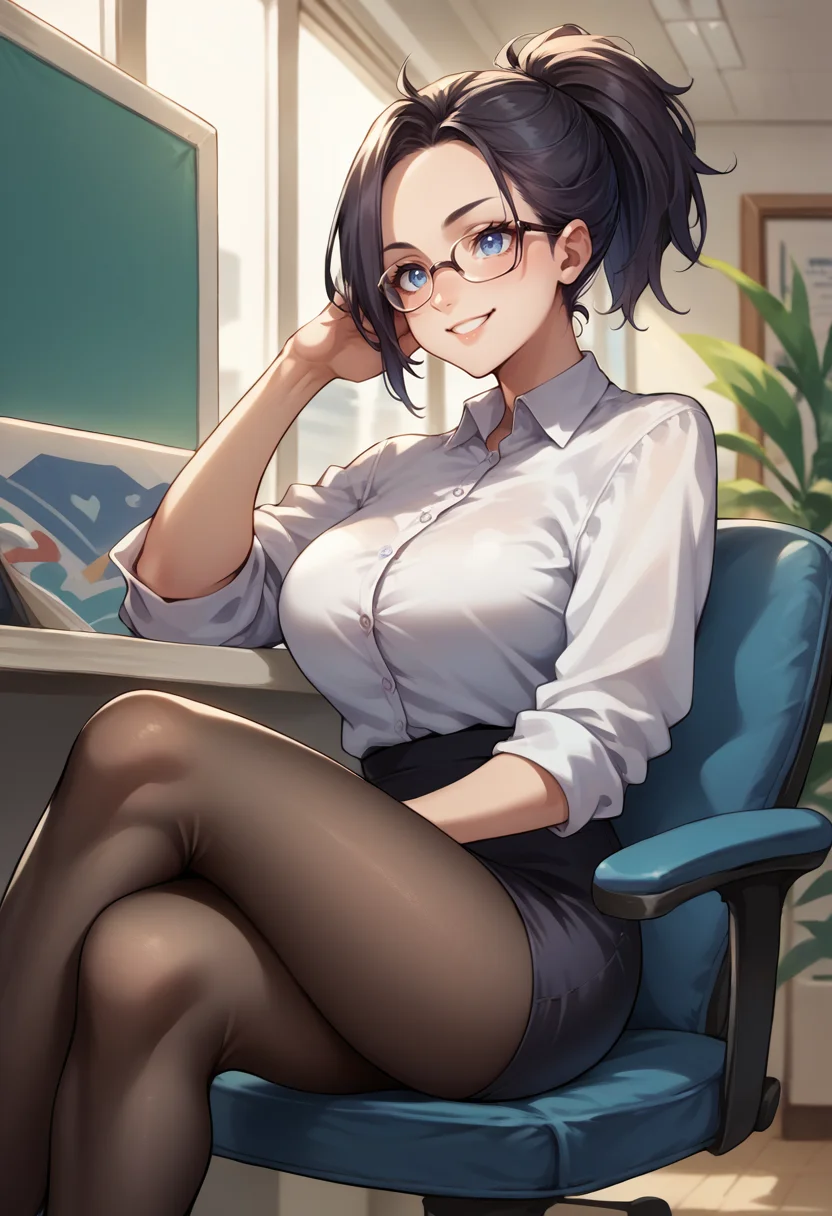 score_9, score_8_up, score_7_up, source_anime, Kson, black hair, blue eyes, ponytail, glasses, indoors, office lady, office chair, sitting, crossed legs, miniskirt, black pantyhose, dress shirt, smile, <lora:ChamKsonPonyXL:1>