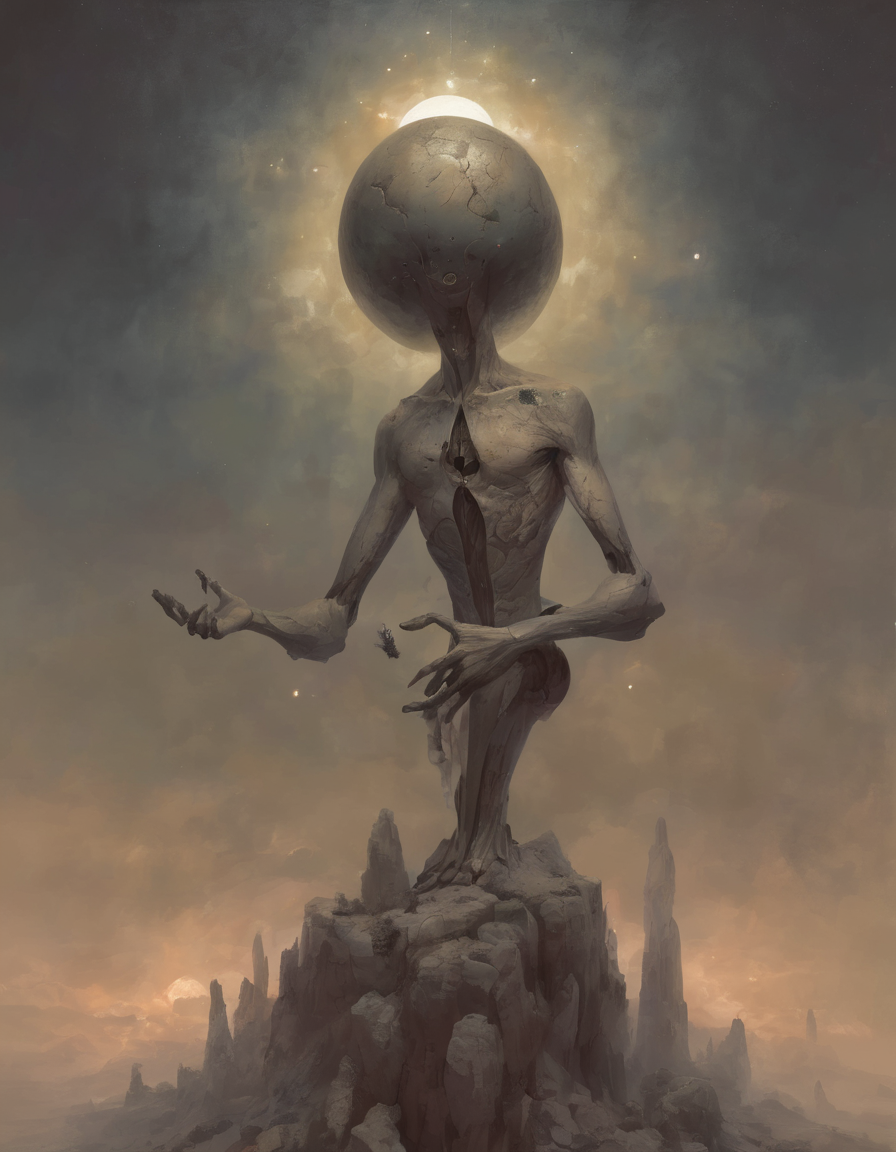 <lora:ptm0-000007:0.8>ptm0 a painting of a man with a head made out of a half moon three pointed stone with floating orbs levitating around him pressing his palms together with thin insect like body made out of thin flexible rocks, muted colors, light shining from behind, abstract, surreal, beksinkski, horror, dark art,  floating in the air, Bastien L. Deharme, magic the gathering artwork, an ultrafine detailed painting, altermodern