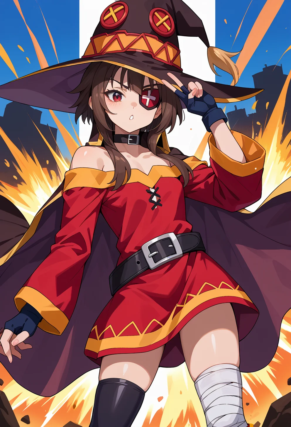 score_9, score_7_up, source_anime, BREAK <lora:AEMegumin-000009:1> AEMegumindef, red eyes, Brown hair, Belt choker, red dress, off-shoulder dress, Black gloves, fingerless gloves, Belt, mismatched legwear, asymmetrical legwear, bandaged leg, black thighhighs, knee boots, hat, eyepatch, Black cape, v over eye, explosion, cowboy shot,