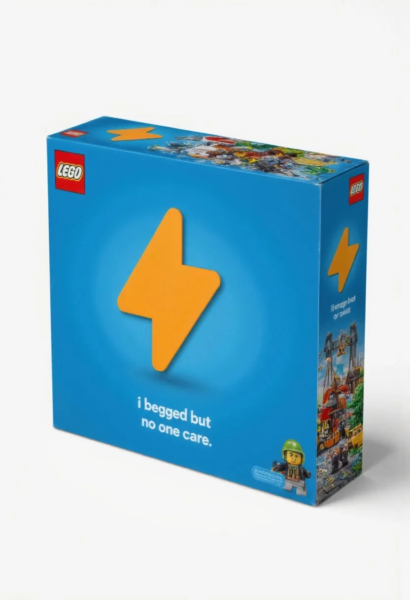 Lego set box with SuchBuzzLogo, with the text " i begged but no one care"