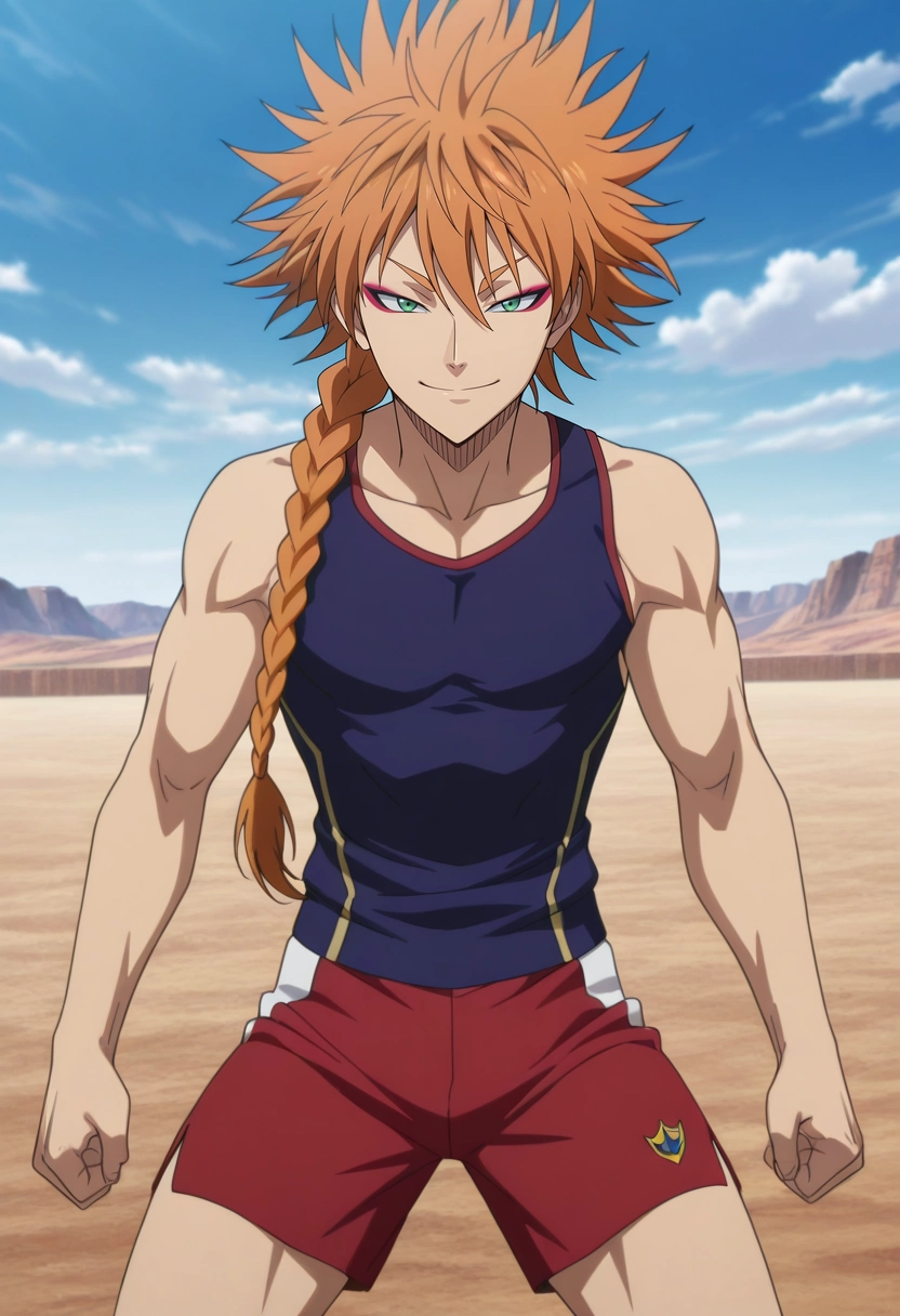masterpiece, best quality, , anime screencap, anime coloring, , looking at viewer, 1boy, solo, male focus, <lora:leopold_vermillion_ilxl:1>, leopold_vermillion, orange hair, green eyes, spiked hair, long hair, braid, single braid, makeup, eyeshadow, eyeliner, , cowboy shot, sahara desert, day, (dynamic pose), half-closed eyes, smile, Rugby shorts, Sleeveless tank top, , ,