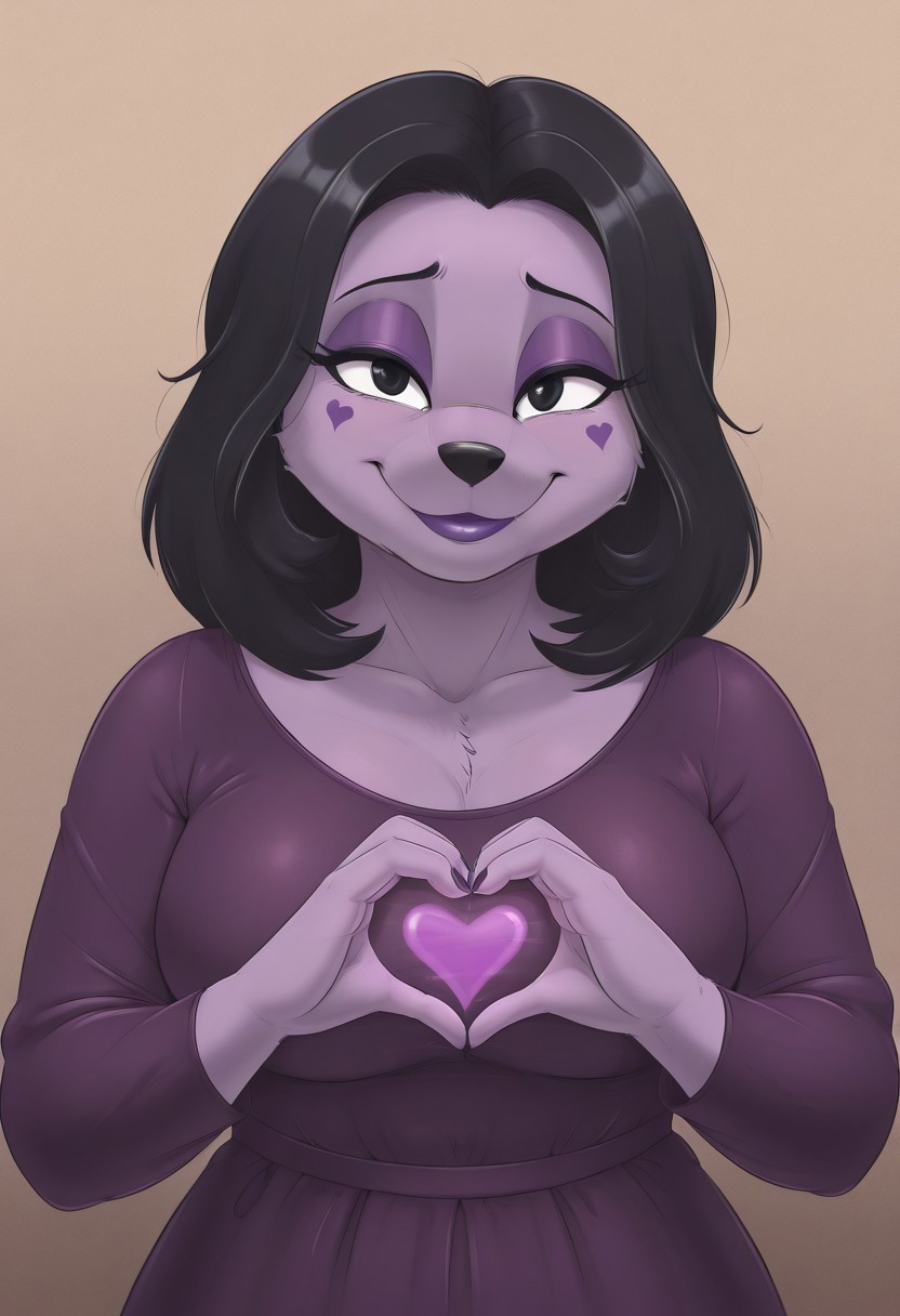 fleshtones23, 1girl, solo, medium build, medium hair, sfw, safe for work, covered skin, flowy dress,  black eyes, purple lipgloss, smiling, portrait, upper body, heart hands, mature female, foreshortening, detailed, newest, furry female, furry, anthro