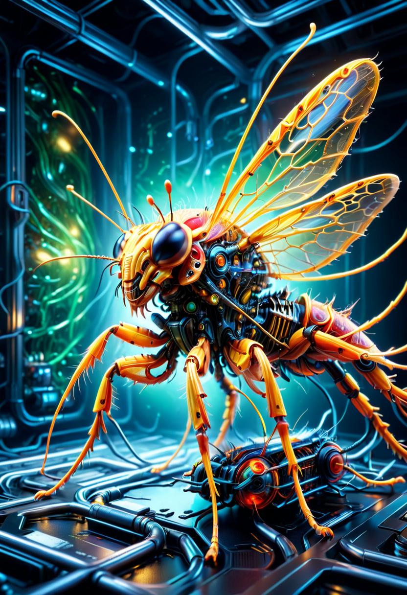 high quality, ultra detailed, abstract, fantasy, photo realistic, 4k, Fantastic lighting. Detailed shadows. intricate details, hyper-detailed, ultra-sharp, 8k , HDR+,
3l3ctr0 A monstrous fusion of insect and machine, its exoskeleton covered in biomechanical tubing. ,
<lora:3l3ctr0-SDXL:0.8>