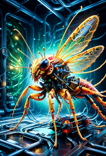high quality, ultra detailed, abstract, fantasy, photo realistic, 4k, Fantastic lighting. Detailed shadows. intricate details, hyper-detailed, ultra-sharp, 8k , HDR+,
3l3ctr0 A monstrous fusion of insect and machine, its exoskeleton covered in biomechanical tubing. ,
<lora:3l3ctr0-SDXL:0.8>