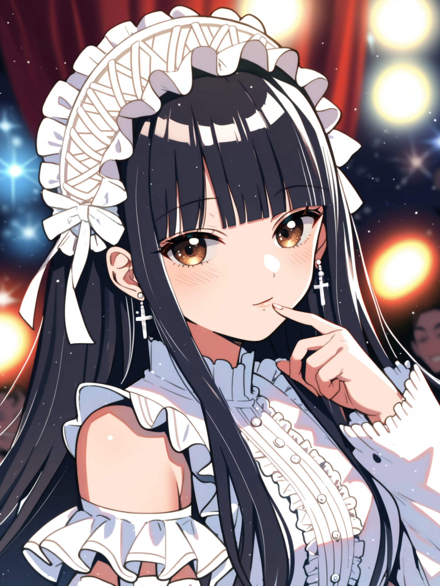 <lora:happy_tentacle-ibararachi-v0.1-000010:1>, ht_ibararachi, frilled hairband, cross earrings, black hair, brown eyes, , grimace, outdoors, stage, sky, crowd, audience, idol, idol clothes, frills upper body, 1girl, (petite:1.2), solo focus, (looking at viewer:1.1), , (depth of field:0.8), , score_9, score_8_up, score_7_up, score_6_up, score_5_up, score_4_up