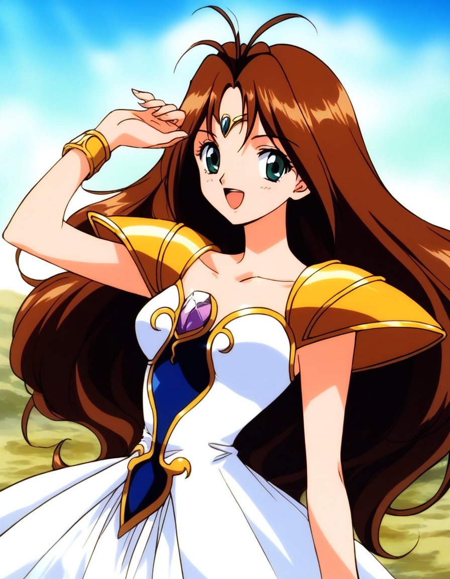 score_9, score_8_up, score_7_up, source_anime, rating_explicit, BREAK <lora:Tanima_Yuri_XL:1>Tanima_Yuri, 1girl, solo, long hair, brown hair, green eyes, antenna hair, breasts, 1990s (style), anime coloring, smile,
solo, armor, shoulder armor, open mouth, purple jewelry, purple gem,
pauldrons, shoulder pads, skirt, collarbone, white skirt, bracelet, blue eyes, 
dress, circlet, very long hair, looking at viewer, upper body
day, sky, outdoor,