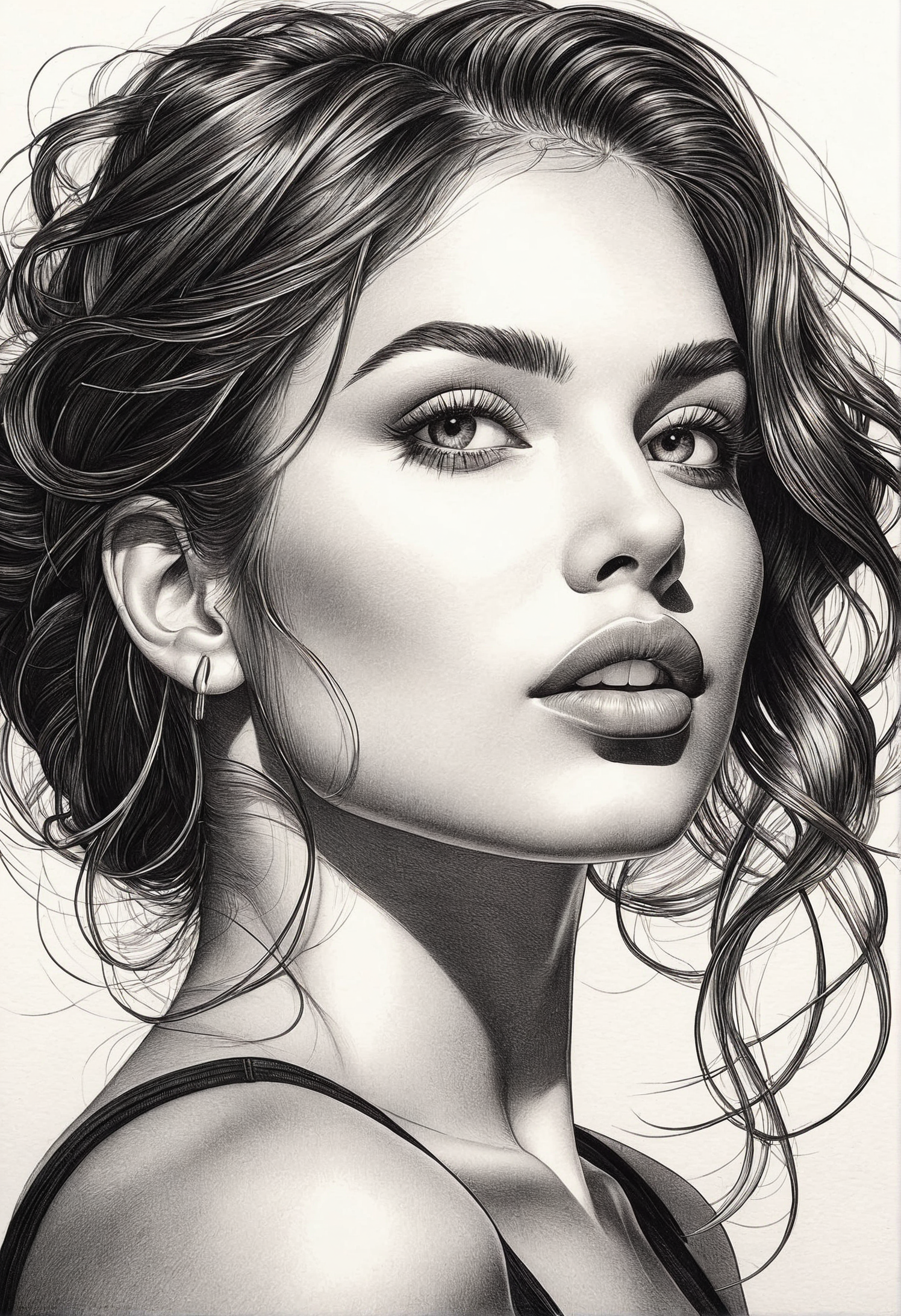 Pencil Sketch Drawing, Colored Pencil Art, (masterpiece), (best quality), (ultra-detailed), Silhouette Art, line art drawing  , a (perfect physique nymph) with her contour and features glowing red outlines.The style is sharp lines minimalistic design yet expressive. Her slender figure smoothly transitioning between sharp angles and flowing curves to define her elegant red backlit silhouette. The image radiates a shiny energy, with the backlit giving the impression of a light source that's both dramatic and delicate.  (small earring:0.5). <lora:InkArtXL_1.2:0.3>   <lora:add-detail-xl:1.5>  . professional, sleek, modern, minimalist, graphic, line art, vector graphics, high contrast, well defined, Silhouette Art, illustration, disheveled hair, detailed eyes, perfect composition, moist skin, intricate details, by wlop, colored pencil strokes, light color, visible paper texture, colored pencil art, black and white drawing, graphite drawing