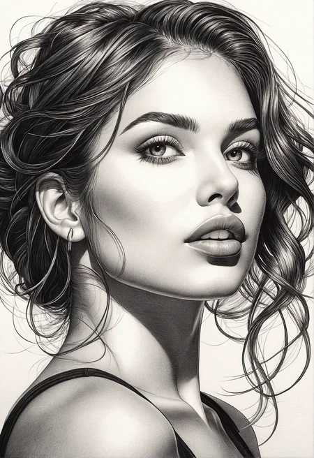 Pencil Sketch Drawing, Colored Pencil Art, (masterpiece), (best quality), (ultra-detailed), Silhouette Art, line art drawing , a (perfect physique nymph) with her contour and features glowing red outlines.The style is sharp lines minimalistic design yet expressive. Her slender figure smoothly transitioning between sharp angles and flowing curves to define her elegant red backlit silhouette. The image radiates a shiny energy, with the backlit giving the impression of a light source that's both dramatic and delicate. (small earring:0.5). <lora:InkArtXL_1.2:0.3> <lora:add-detail-xl:1.5> . professional, sleek, modern, minimalist, graphic, line art, vector graphics, high contrast, well defined, Silhouette Art, illustration, disheveled hair, detailed eyes, perfect composition, moist skin, intricate details, by wlop, colored pencil strokes, light color, visible paper texture, colored pencil art, black and white drawing, graphite drawing