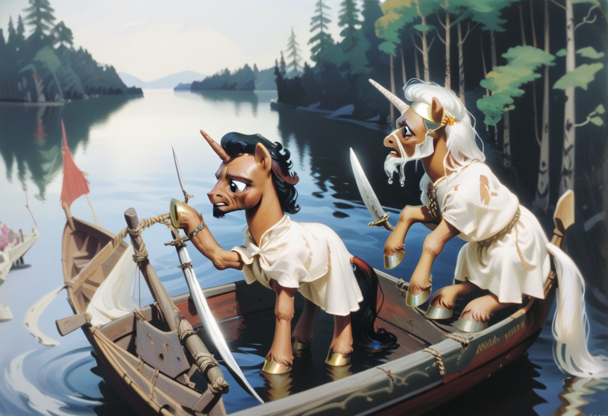 score_9, score_8_up, score_7_up, score_6_up, score_5_up, score_4_up, source_pony, BREAK a painting of multiple ponies on a boat, multiple ponies, unicorn, pegasus, male, female, water, boat, watercraft, weapon, knife, holding, outdoors, trees, agk_akseligallen-kallela_-_kalevala, traditional media