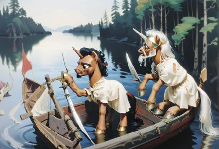 score_9, score_8_up, score_7_up, score_6_up, score_5_up, score_4_up, source_pony, BREAK a painting of multiple ponies on a boat, multiple ponies, unicorn, pegasus, male, female, water, boat, watercraft, weapon, knife, holding, outdoors, trees, agk_akseligallen-kallela_-_kalevala, traditional media