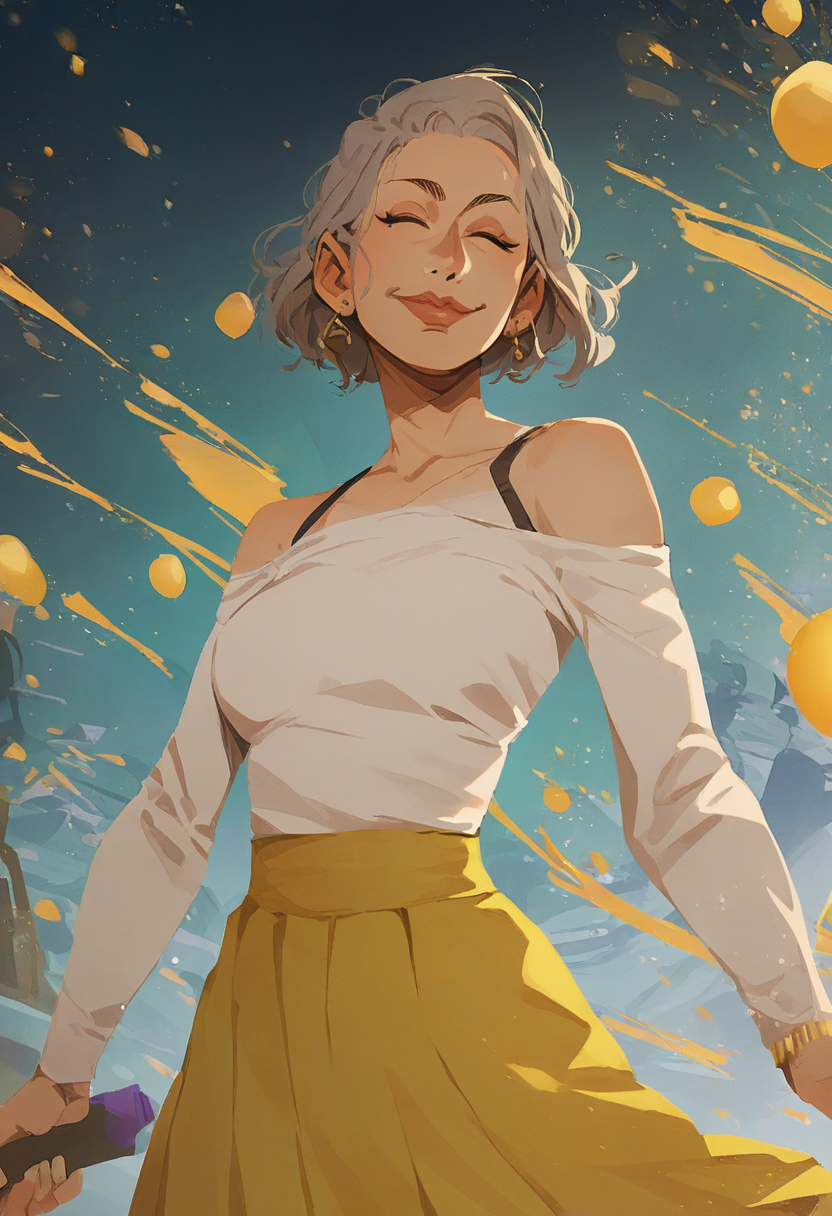 source_anime, score_9, score_8_up, score_7_up, 1girl, mature_female, solo, Dancing in a hip hop style, atmospheric perspective, (Yellow bubble skirt), gray hair, cropped shoulders, rating_safe, <lora:sdxl\pony diffusion\artist_styles\incase_new_pony:1.0>