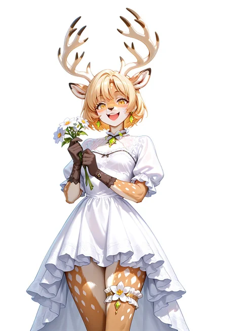 masterpiece, best quality, absurdres, very aesthetic, high score, anptzisksk, isekai, 1girl, solo, looking at viewer, smile, short hair, open mouth, blonde hair, simple background, gloves, white background, dress, holding, jewelry, yellow eyes, flower, earrings, small breasts, frills, white dress, thigh strap, deer antlers, furry female