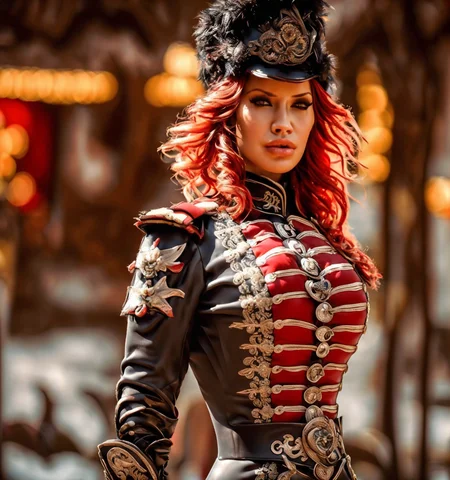 RAW photo, (masterpiece:1.3), subsurface scattering, heavy shadow, (high quality:1.4), (intricate, high detail:1.2), professional photography, HDR, High Dynamic Range, realistic, ultra realistic, photorealistic, high resolution, film photography, ambient lighting, atmospheric effects, <lora:detail_slider_v4:2>, OverallDetail, BiancaB, <lora:BiancaB:1>, red curly hair, belt, boots, epaulettes, femun, gloves, hat, looking at viewer, makeup, ((red)) uniform, soldier, solo, standing, upper body shot, , <lora:FemaleUniform:1>, epiCPhoto