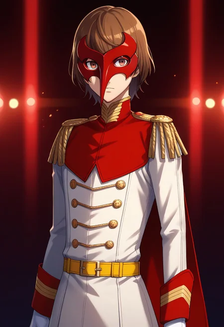 score_9, score_7_up, source_anime
goro, 1boy, male focus, solo, brown eyes, brown hair, hair between eyes, crow outfit, mask, red mask, jacket, white jacket, long sleeves, cape, red cape, epaulettes, gloves, white gloves, belt, yellow belt,
indoor, darkness, lights, red lights,