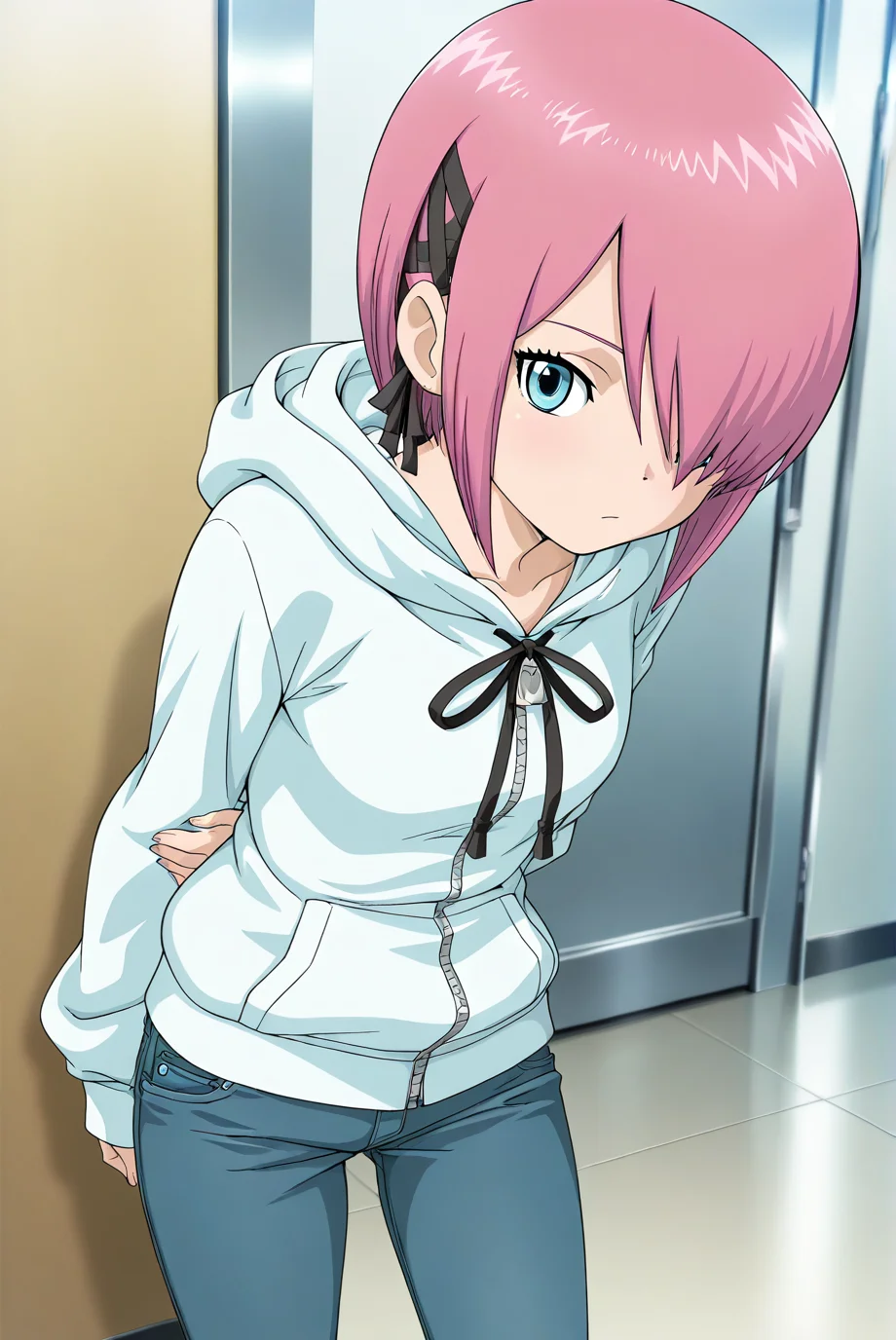 Mon \(Digimon ReArise\),1girl,solo,blue eyes,hood,hair over one eye,short hair,pink hair,pants,hoodie,looking at viewer,jeans,black ribbon,denim,long sleeves,ribbon,blue pants,cowboy shot,hood down,cowboy_shot,<lora:Mon 2 (Digimon ReArise):0.8>,, masterpiece,best quality,amazing quality,