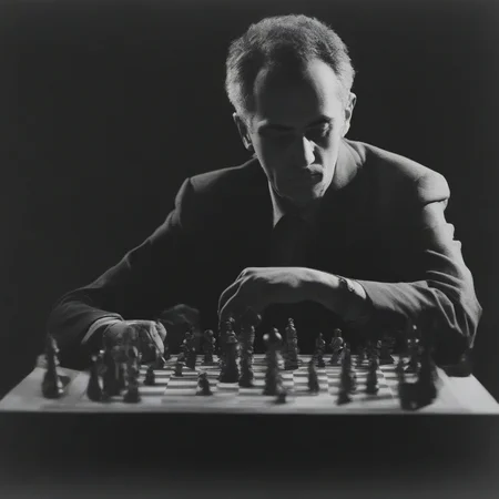 <lora:SDXL_Man_Ray_Style_Sa_May_V4:1> a man play chess
