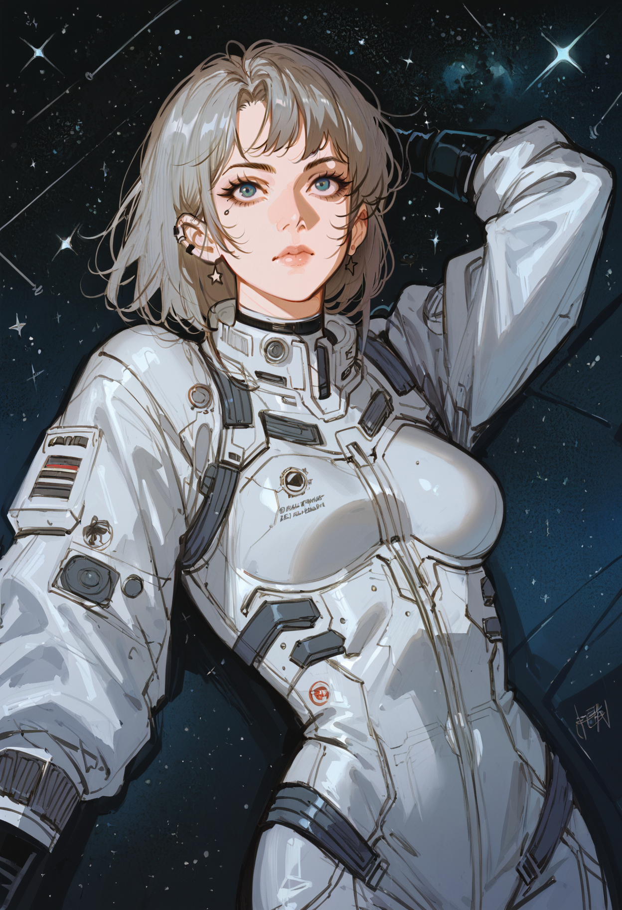 score_9, score_8_up, score_7_up, 1girl, solo, futuristic jumpsuit
planets background, outer space, stars,
 <lora:john:1> john, sketch,