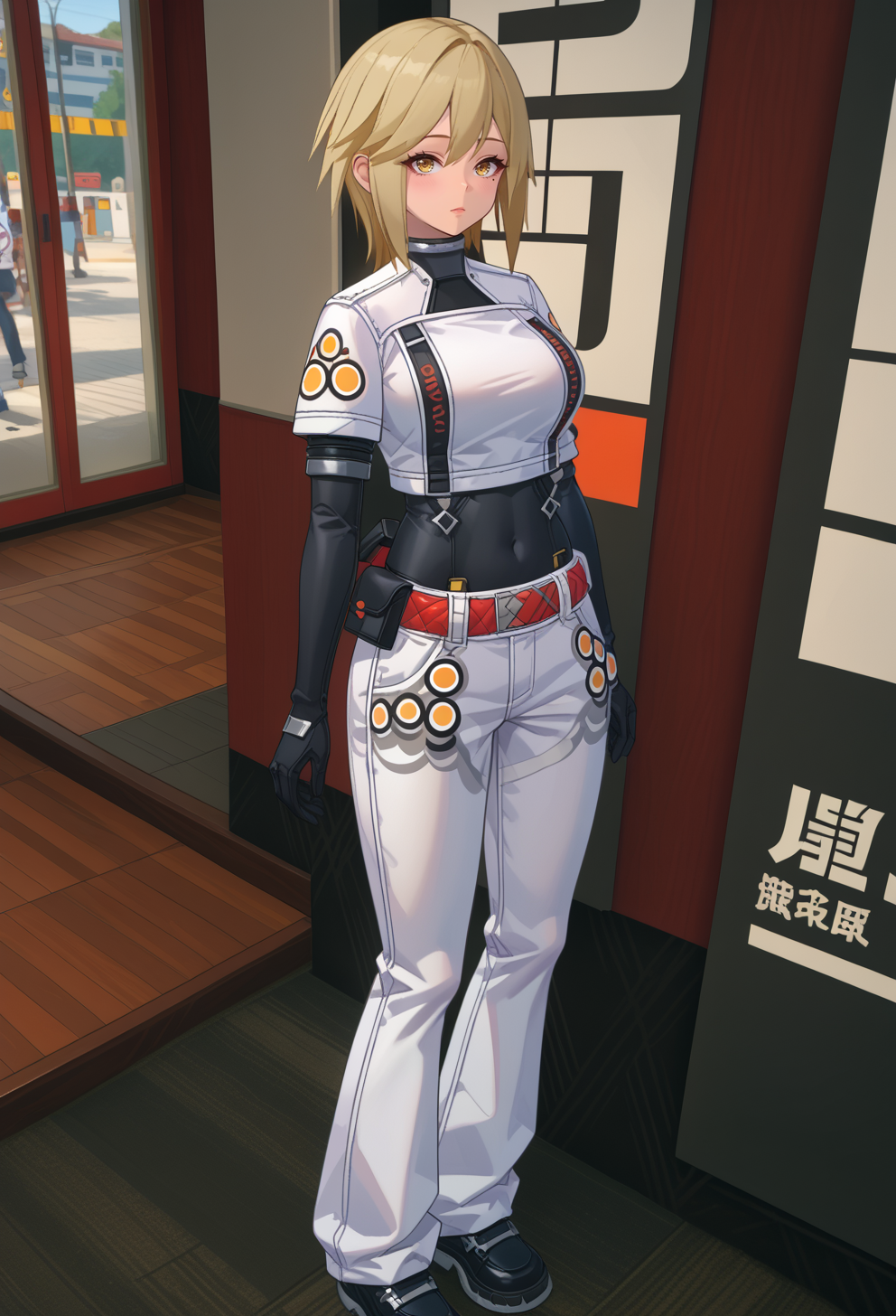 score_9, score_7_up, source_anime, BREAK <lora:AEKylie:1> AEKylie, yellow eyes, blonde hair, medium hair, sidelocks, mole under eye, black bodysuit, covered navel, cropped jacket, white jacket, short sleeves, black gloves, belt pouch, red belt, white pants, black footwear,