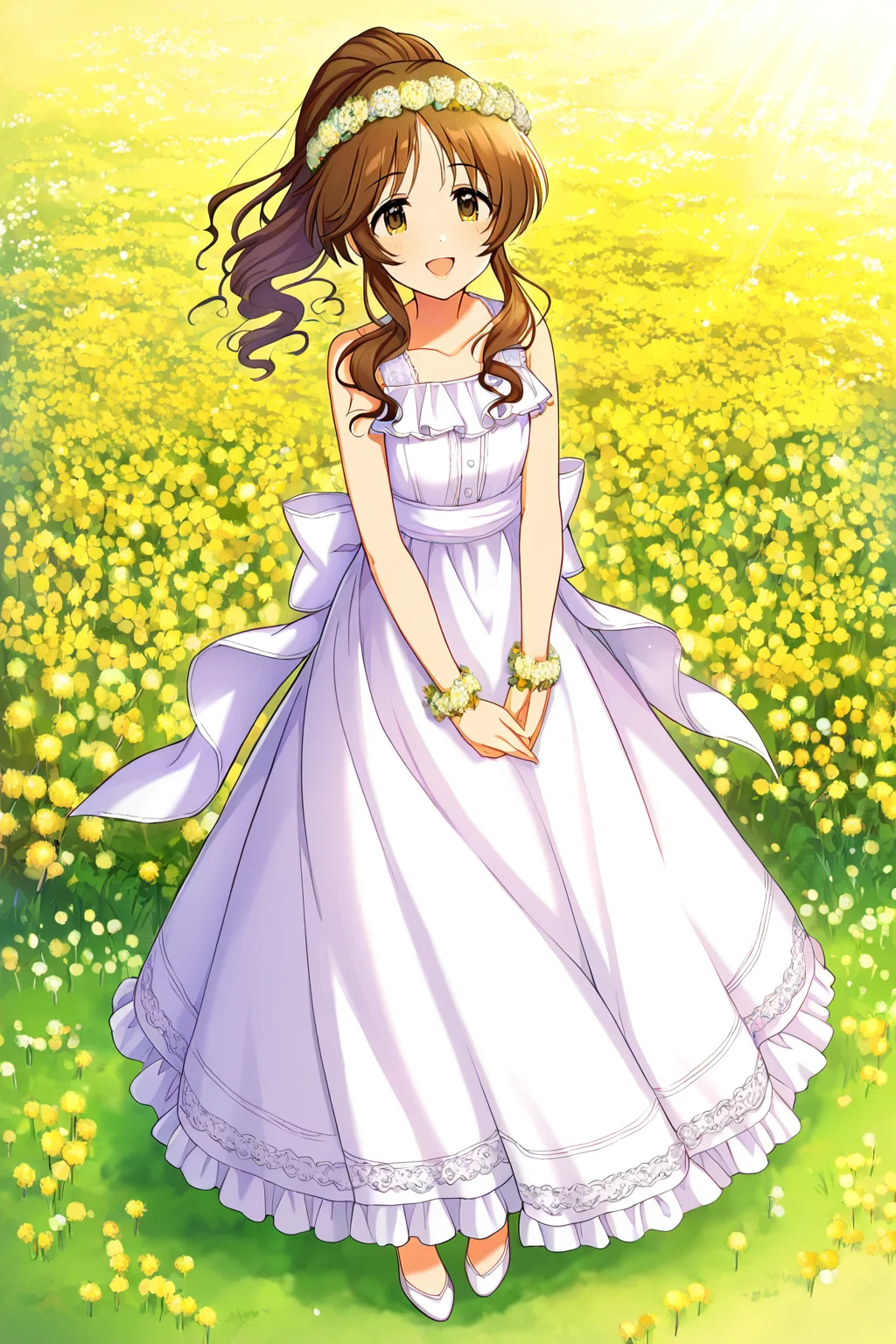 masterpiece,best quality,very aesthetic,absurdres,highres,newest,official art,official style,
1girl,solo,
takamori aiko,brown eyes,brown hair,long hair,sidelocks,
back bow,bangs,bare shoulders,blue ribbon,bow,bracelet,collarbone,dress flower bracelet,frilled dress,frills,hands together,head wreath,lips,long dress,parted bangs,ponytail,ribbon,sidelocks,sleeveless,sleeveless dress,wavy hair,white bow,white dress,
<lora:eye_focus:1>,eye_focus,
flower,dandelion,
jewelry,
smile,standing,full body,open mouth,looking at viewer,
<lora:idolmaster_takamori_aiko_ill_v1.0:1>,