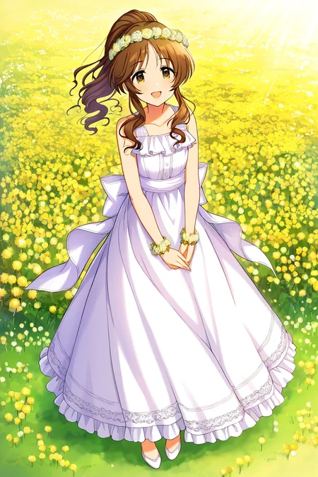 masterpiece,best quality,very aesthetic,absurdres,highres,newest,official art,official style,
1girl,solo,
takamori aiko,brown eyes,brown hair,long hair,sidelocks,
back bow,bangs,bare shoulders,blue ribbon,bow,bracelet,collarbone,dress flower bracelet,frilled dress,frills,hands together,head wreath,lips,long dress,parted bangs,ponytail,ribbon,sidelocks,sleeveless,sleeveless dress,wavy hair,white bow,white dress,
<lora:eye_focus:1>,eye_focus,
flower,dandelion,
jewelry,
smile,standing,full body,open mouth,looking at viewer,
<lora:idolmaster_takamori_aiko_ill_v1.0:1>,